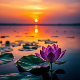 A stunning sunrise scene featuring a vibrant lotus flower in full bloom, floating gracefully on a serene lake