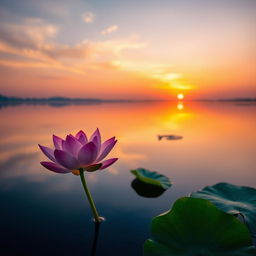 A stunning sunrise scene featuring a vibrant lotus flower in full bloom, floating gracefully on a serene lake