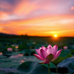 A stunning sunrise scene featuring a vibrant lotus flower in full bloom, floating gracefully on a serene lake