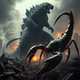 A colossal Godzilla looms over a devastated cityscape, its enormous foot crushing debris and remnants of buildings below