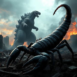 A colossal Godzilla looms over a devastated cityscape, its enormous foot crushing debris and remnants of buildings below