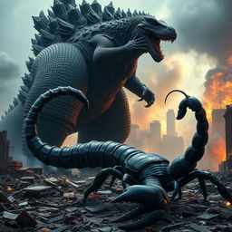 A colossal Godzilla looms over a devastated cityscape, its enormous foot crushing debris and remnants of buildings below