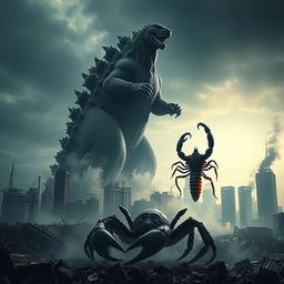 A towering Godzilla dominates a desolate city skyline, its colossal foot descending upon the ruins, crushing debris and rubble beneath it