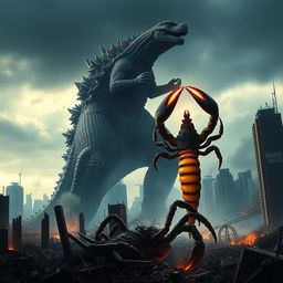 A towering Godzilla dominates a desolate city skyline, its colossal foot descending upon the ruins, crushing debris and rubble beneath it