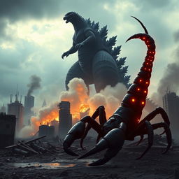 A towering Godzilla dominates a desolate city skyline, its colossal foot descending upon the ruins, crushing debris and rubble beneath it