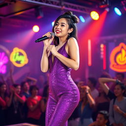 A petite 20-year-old Asian-American woman wearing a tight, sparkling purple jumpsuit, confidently singing on a vibrant nightclub stage