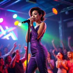 A petite 20-year-old Asian-American woman wearing a tight, sparkling purple jumpsuit, confidently singing on a vibrant nightclub stage