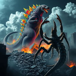 A vibrant and colorful Godzilla stands majestically above a devastated city, its massive foot descending to crush debris and remnants of shattered buildings below