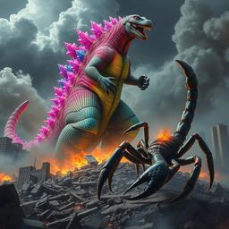 A vibrant and colorful Godzilla stands majestically above a devastated city, its massive foot descending to crush debris and remnants of shattered buildings below