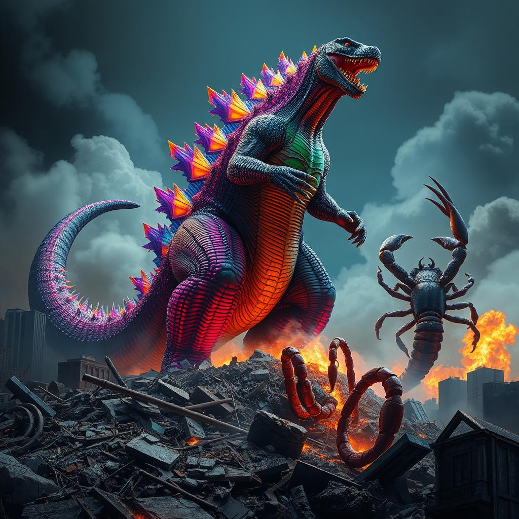 A vibrant and colorful Godzilla stands majestically above a devastated city, its massive foot descending to crush debris and remnants of shattered buildings below