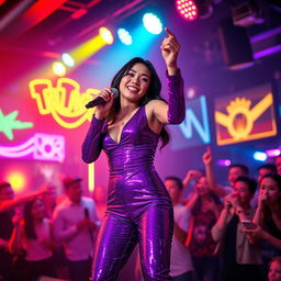 A petite 20-year-old Asian-American woman in a very tight, sparkling purple jumpsuit, energetically singing on a lively nightclub stage