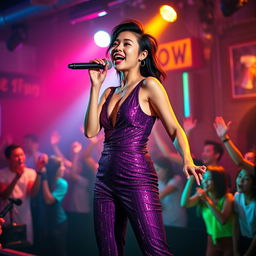 A petite 20-year-old Asian-American woman in an ultra-tight, sparkling purple jumpsuit, passionately singing on a lively nightclub stage