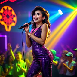 A petite 20-year-old Asian-American woman in an ultra-tight, sparkling purple jumpsuit, passionately singing on a lively nightclub stage