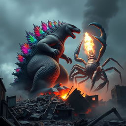 A vibrant and colorful Godzilla towers menacingly over a ruined city, its massive foot coming down with force to crush debris and shattered remnants of buildings