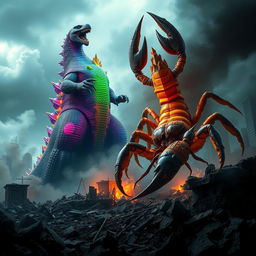 A vibrant and colorful Godzilla towers menacingly over a ruined city, its massive foot coming down with force to crush debris and shattered remnants of buildings