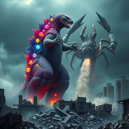 A vibrant and colorful Godzilla towers menacingly over a ruined city, its massive foot coming down with force to crush debris and shattered remnants of buildings