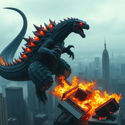 A hybrid Godzilla with an impressive and massive scorpion tail swings through a skyline of towering skyscrapers, its powerful form causing devastation as it swipes at the buildings