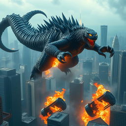 A hybrid Godzilla with an impressive and massive scorpion tail swings through a skyline of towering skyscrapers, its powerful form causing devastation as it swipes at the buildings