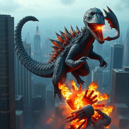A hybrid Godzilla with an impressive and massive scorpion tail swings through a skyline of towering skyscrapers, its powerful form causing devastation as it swipes at the buildings