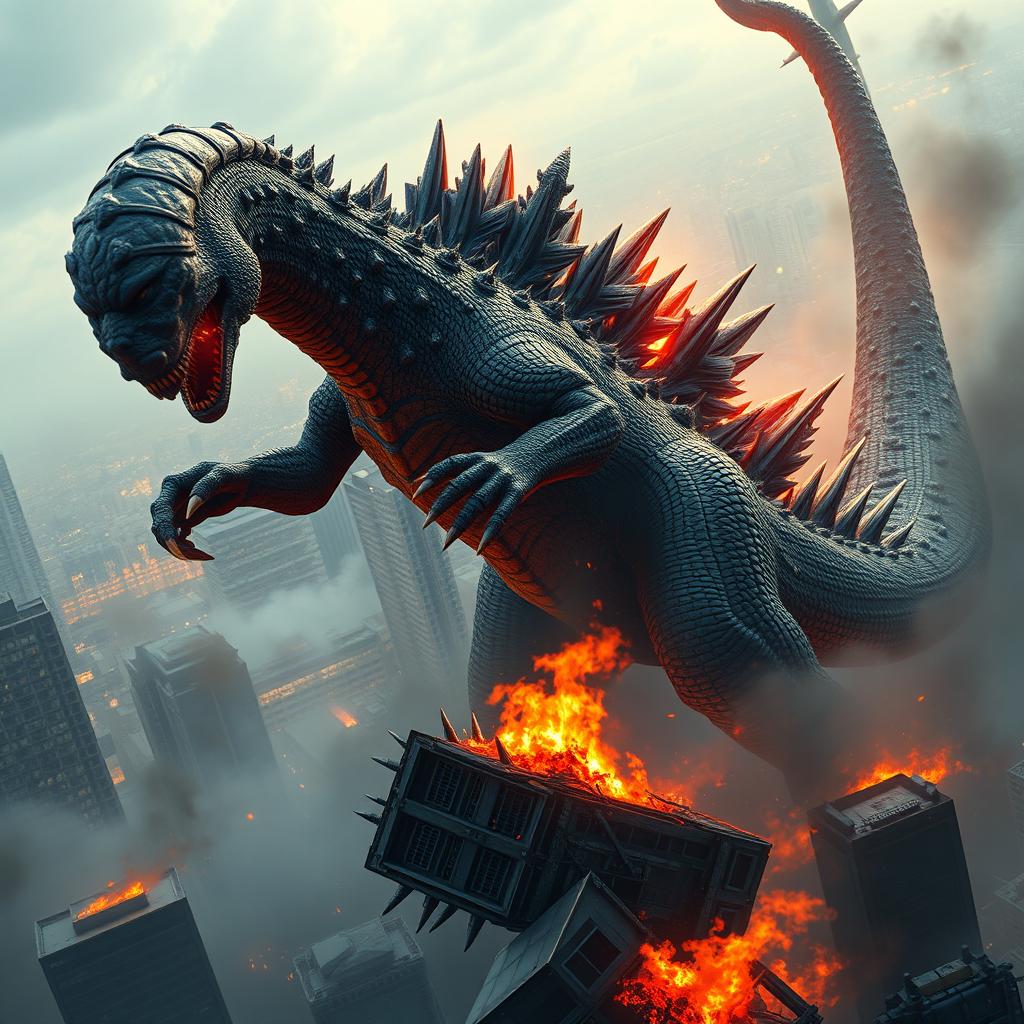 A hybrid Godzilla with an impressive and massive scorpion tail swings through a skyline of towering skyscrapers, its powerful form causing devastation as it swipes at the buildings