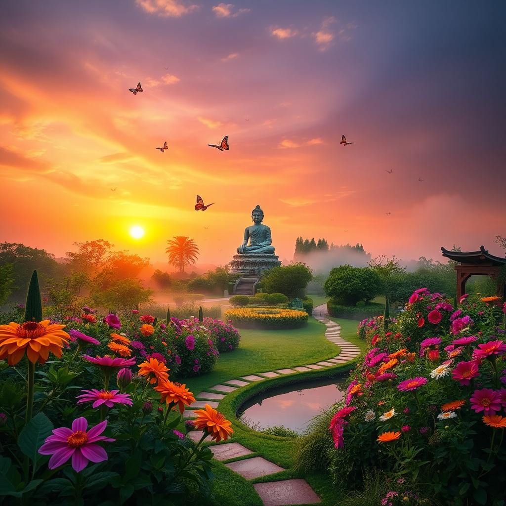 A serene sunrise in a lush garden dedicated to Buddha, featuring vibrant flowers in full bloom, tranquil pathways winding through the greenery, and a majestic statue of Buddha surrounded by gentle mist