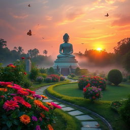 A serene sunrise in a lush garden dedicated to Buddha, featuring vibrant flowers in full bloom, tranquil pathways winding through the greenery, and a majestic statue of Buddha surrounded by gentle mist