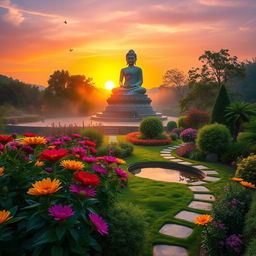 A serene sunrise in a lush garden dedicated to Buddha, featuring vibrant flowers in full bloom, tranquil pathways winding through the greenery, and a majestic statue of Buddha surrounded by gentle mist