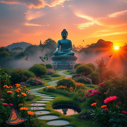 A serene sunrise in a lush garden dedicated to Buddha, featuring vibrant flowers in full bloom, tranquil pathways winding through the greenery, and a majestic statue of Buddha surrounded by gentle mist