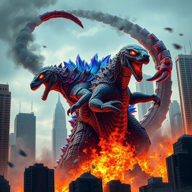 A colorful hybrid Godzilla, displaying an array of vibrant colors in its scales, towers amidst a skyline of tall skyscrapers