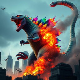 A colorful hybrid Godzilla, displaying an array of vibrant colors in its scales, towers amidst a skyline of tall skyscrapers