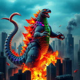 A colorful hybrid Godzilla, displaying an array of vibrant colors in its scales, towers amidst a skyline of tall skyscrapers