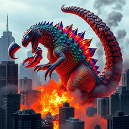 A colorful hybrid Godzilla, displaying an array of vibrant colors in its scales, towers amidst a skyline of tall skyscrapers