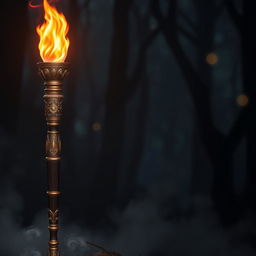 A beautifully crafted torch standing upright, showcasing intricate designs on the handle with ornate carvings, made of a mix of polished brass and dark wood
