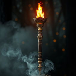 A beautifully crafted torch standing upright, showcasing intricate designs on the handle with ornate carvings, made of a mix of polished brass and dark wood