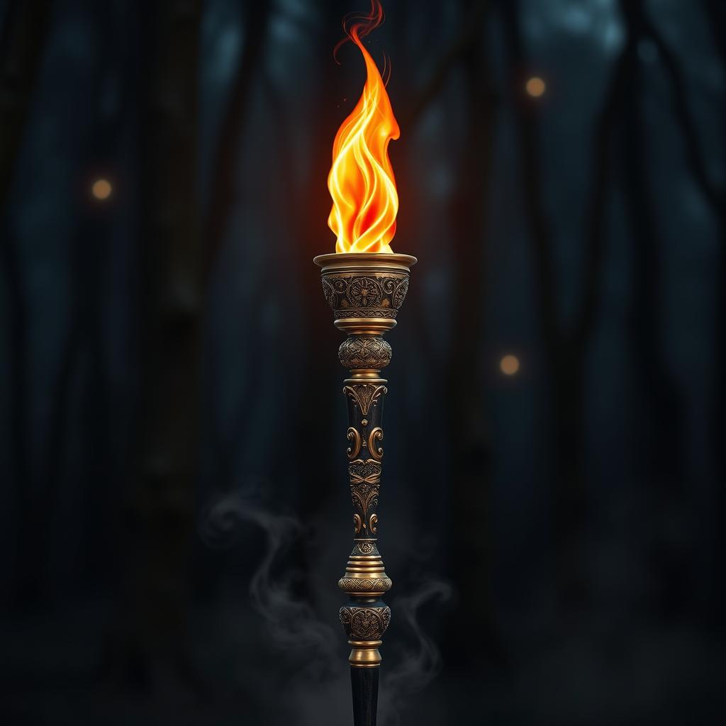 A beautifully crafted torch standing upright, showcasing intricate designs on the handle with ornate carvings, made of a mix of polished brass and dark wood