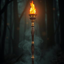 A beautifully crafted torch standing upright, showcasing intricate designs on the handle with ornate carvings, made of a mix of polished brass and dark wood