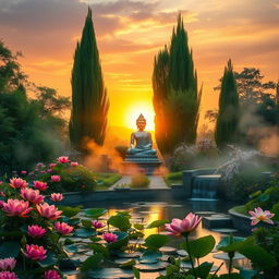 A serene sunrise scene in a lush garden dedicated to Buddha