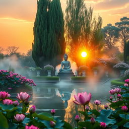 A serene sunrise scene in a lush garden dedicated to Buddha