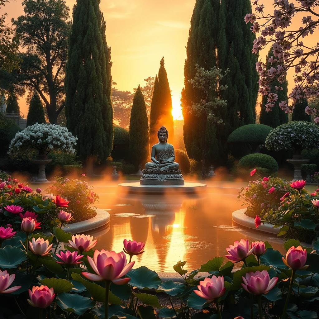 A serene sunrise scene in a lush garden dedicated to Buddha