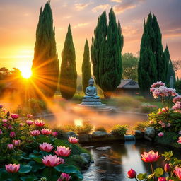A serene sunrise scene in a lush garden dedicated to Buddha