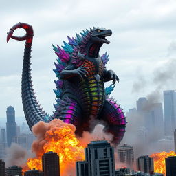 A colorful hybrid of Godzilla, with shimmering scales in a spectrum of vibrant colors, towers over a skyline of skyscrapers