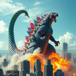 A colorful hybrid of Godzilla, with shimmering scales in a spectrum of vibrant colors, towers over a skyline of skyscrapers