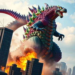 A colorful hybrid of Godzilla, with shimmering scales in a spectrum of vibrant colors, towers over a skyline of skyscrapers