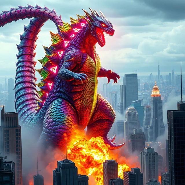 A colorful hybrid of Godzilla, with shimmering scales in a spectrum of vibrant colors, towers over a skyline of skyscrapers