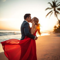 A romantic scene of two lovers kissing passionately under a soft, golden sunset