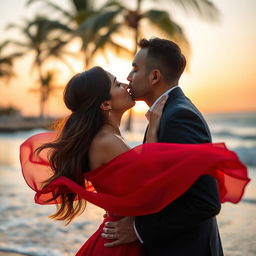A romantic scene of two lovers kissing passionately under a soft, golden sunset