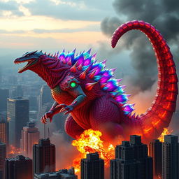 A colorful hybrid Godzilla, showcasing a dazzling array of colors on its scaled body, towers over a city skyline filled with skyscrapers