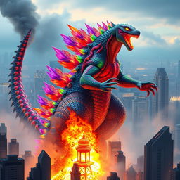 A colorful hybrid Godzilla, showcasing a dazzling array of colors on its scaled body, towers over a city skyline filled with skyscrapers