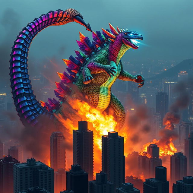 A colorful hybrid Godzilla, showcasing a dazzling array of colors on its scaled body, towers over a city skyline filled with skyscrapers