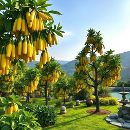 A serene and lush garden filled with various Buddha's hand fruit trees, showcasing their unique finger-like shape